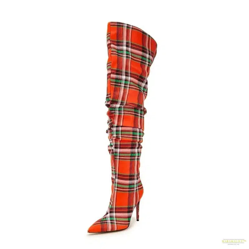 European and American high-heeled color blocked checkered fabric knee high sleeve boots for women's fashionable banquet boots