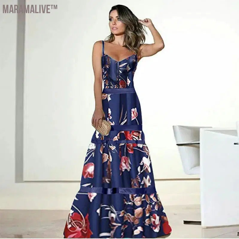 Evening Party Dresses Women Natural Silk Dress Retro Floral Print Maxi Dress Ladies Strap Pleated Oversized Dress Vestidos