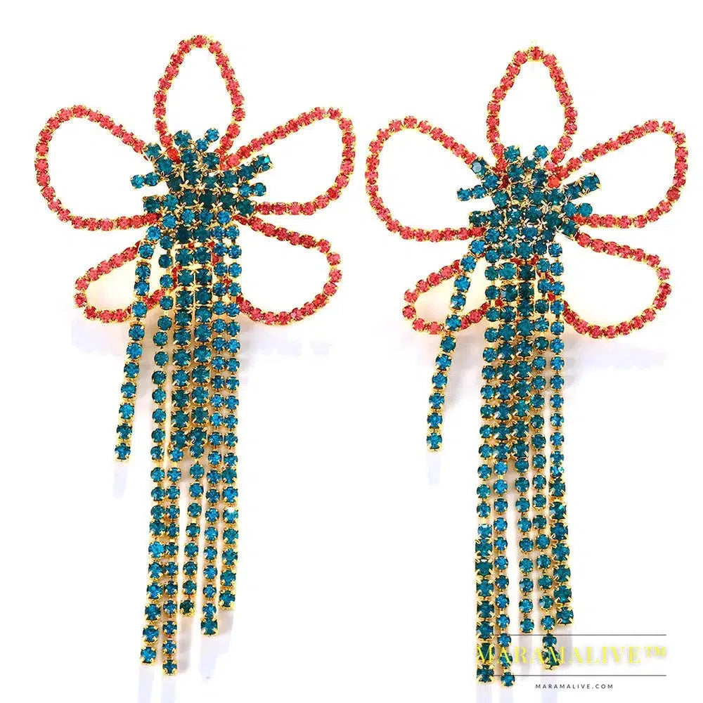 Exaggerated Colorful Flower Earrings Fashion Long Tassel Drop Earring for Festival Drag Queen Jewelry