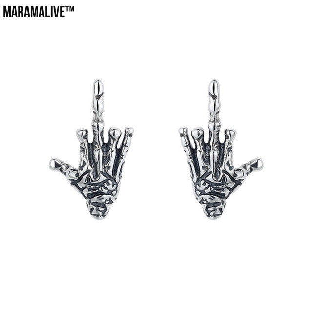 Exaggerated Gothic Dark Skull Hand Stud Earrings In Sterling Silver