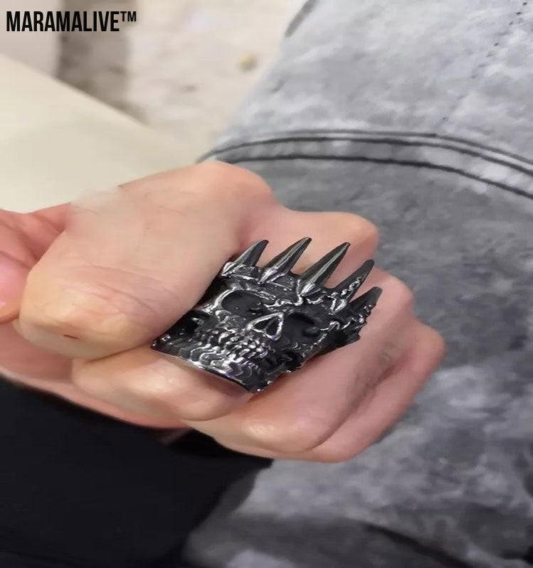 Exaggerated punk crown skull ring