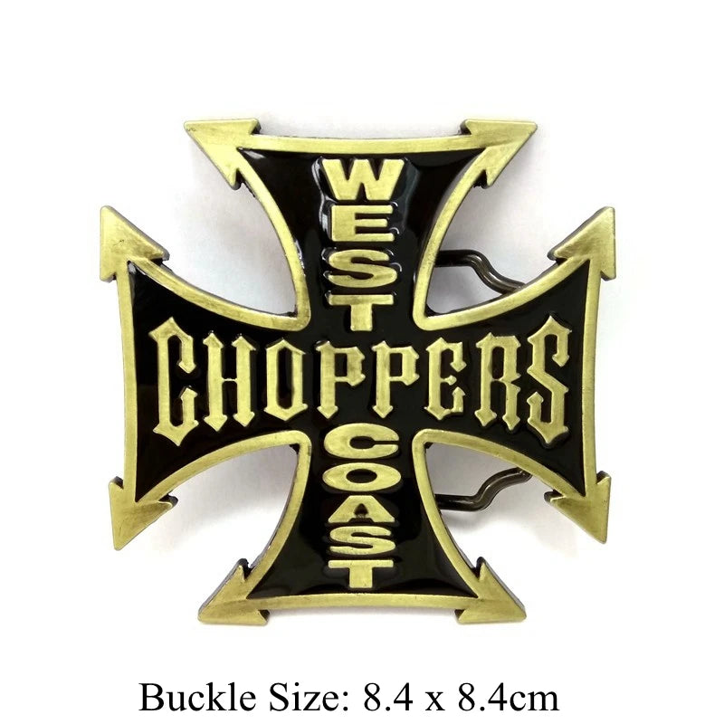 Black Casual Waist Hip Belts for Men with Golden Letters CHOPPERS WEST COAST Cross Metal Buckle Western Cowboy Cool Accessories