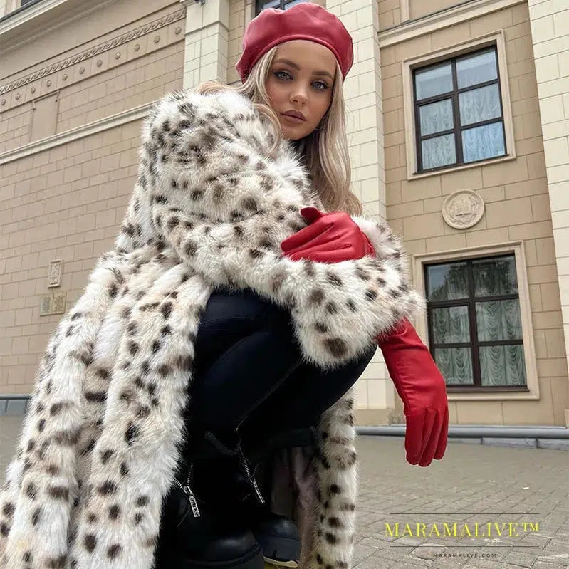 Exclusive Winter Long Belted Leopard Faux Fox Fur Coat Women Overcoats Ladies Stylish Street Fashion Fluffy Fox Fur Jacket