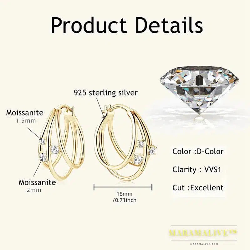 Exquisite Multilayer Circle Earrings For Women 925 Sterling Silver Bling Moissanite Huggies Hoop Earring Fashion Jewelry