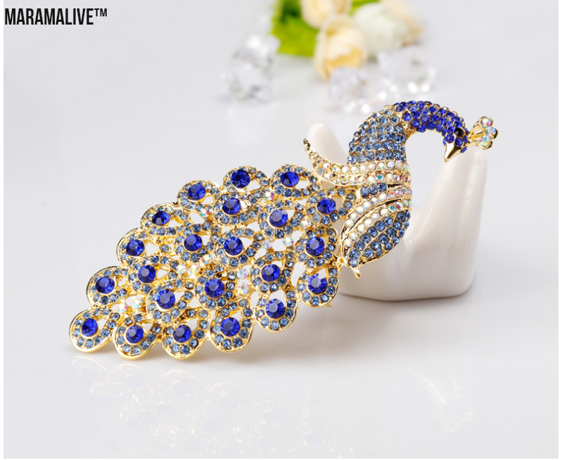 Extra Large Sapphire Crystal Rhinestone Peacock Brooch