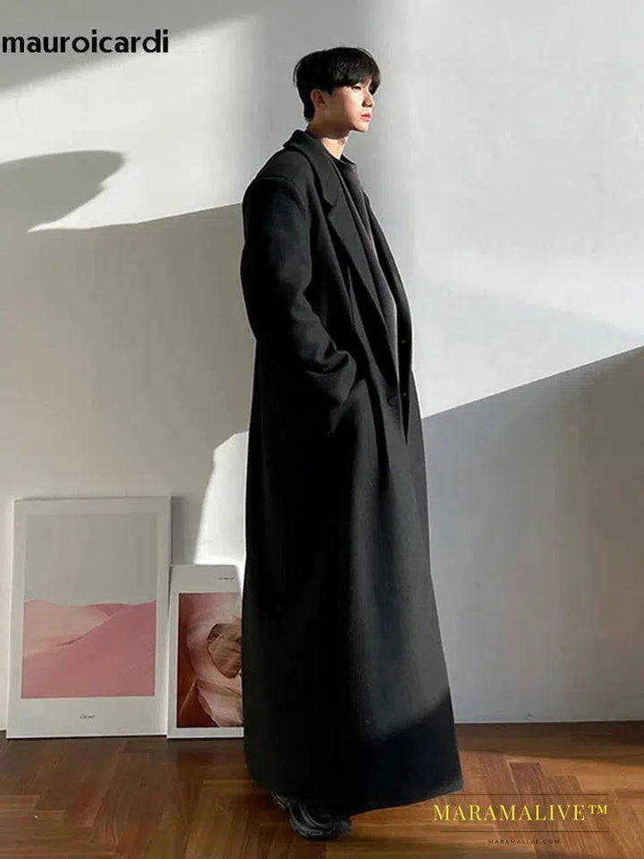 Extra Long Warm Black Loose Casual Wool Blends Coat Men Luxury Floor Length Overcoat Fashion