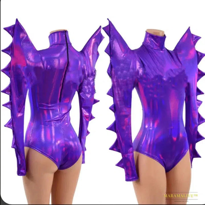 Extravagant Pink Laser Leather Goth-Inspired Bodysuit: Vibrant Festival Outfits & Stage Wear Cosplay