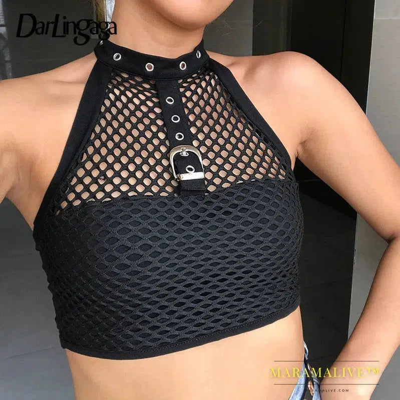 Eye-Catching Black Backless Fishnet Halter Dress - Sexy Look