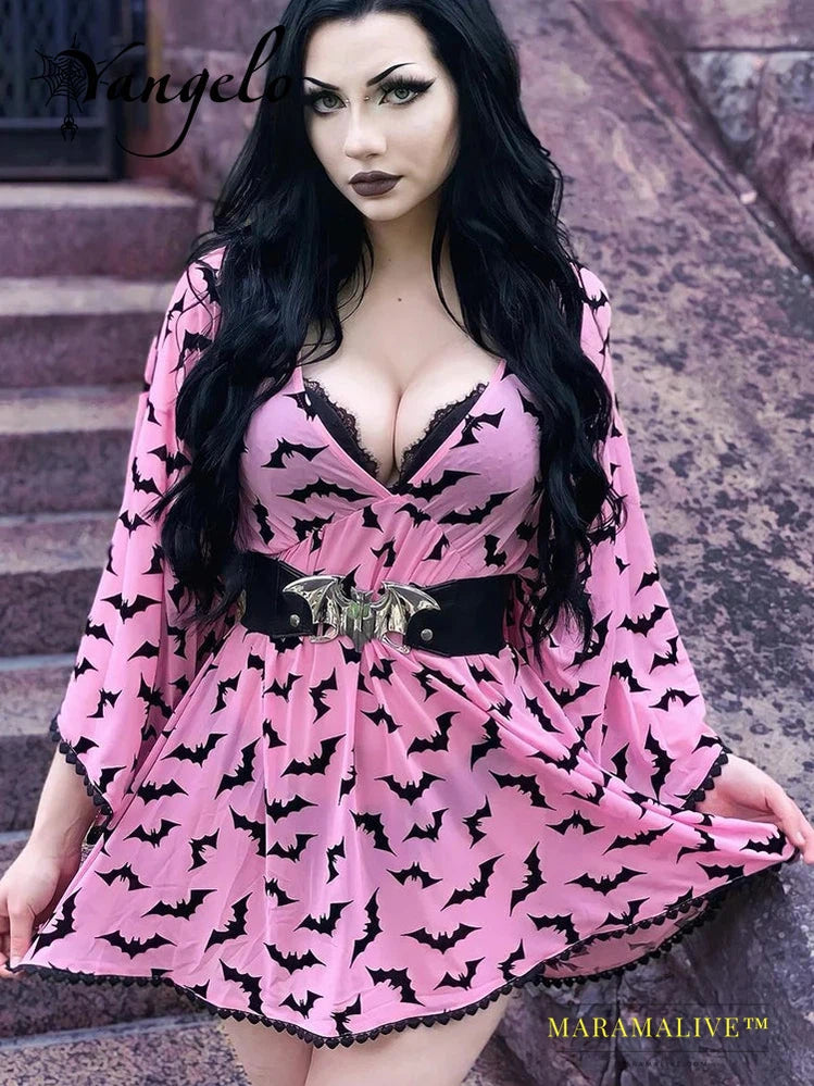 Fairy Grunge Women Pink Dress Sexy Deep V Neck Goth Aesthetic Elegant Vestios for E Girls Graphic Bat Party Outfits