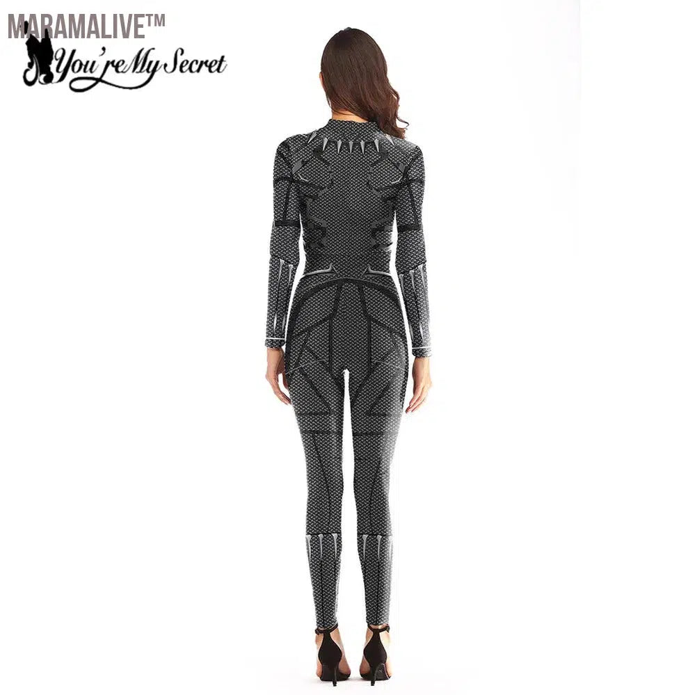 Fashion Anime Costume For Women Black Panther Bodysuit 3D Digital Printing Movie Cosplay Long Sleeve Jumpsuit