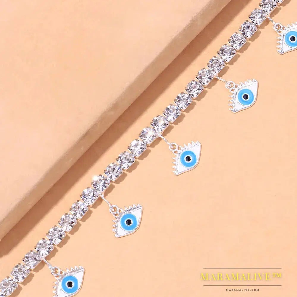 Fashion Blue Evil Eye Anklet Bracelet for Women Boho Leg Chain Rhinestone Chain Pendant Anklet Foot Jewelry