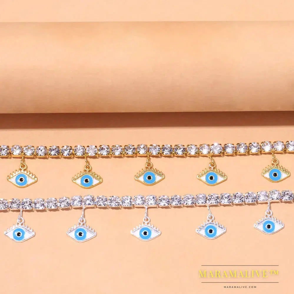 Fashion Blue Evil Eye Anklet Bracelet for Women Boho Leg Chain Rhinestone Chain Pendant Anklet Foot Jewelry