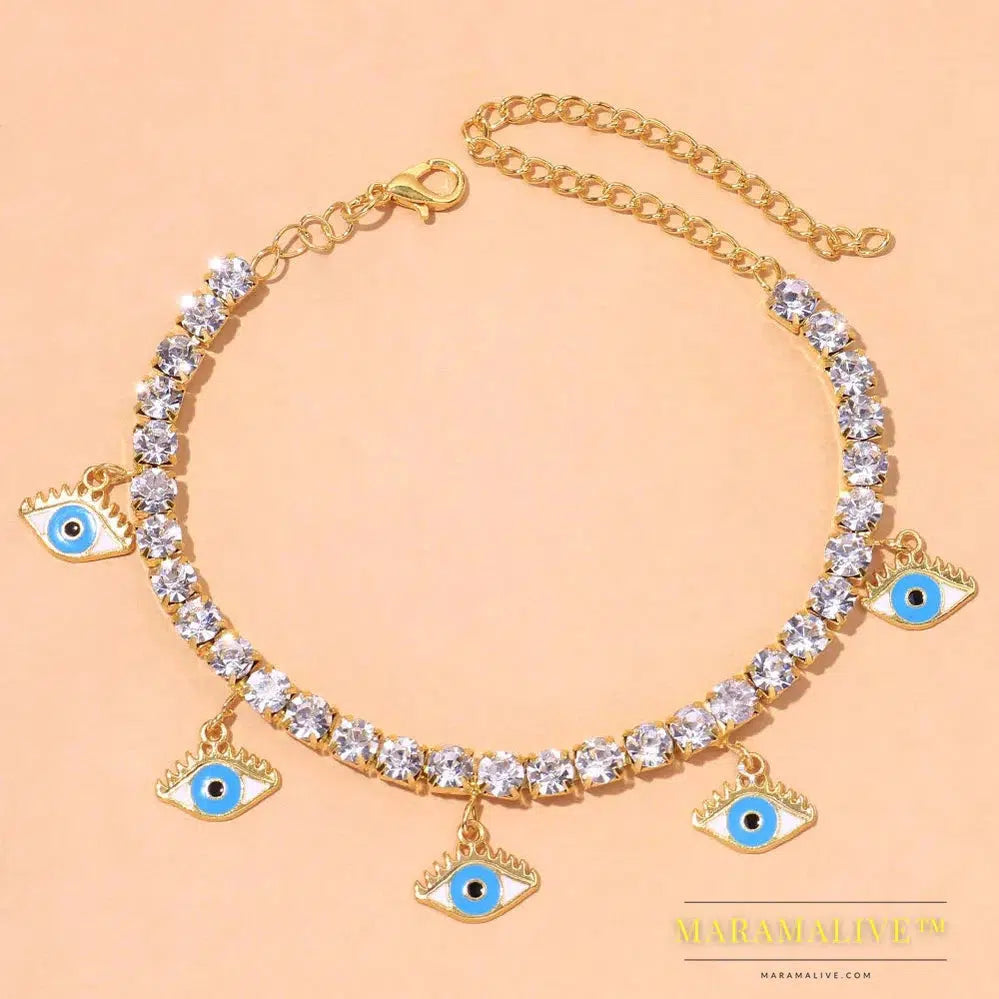 Fashion Blue Evil Eye Anklet Bracelet for Women Boho Leg Chain Rhinestone Chain Pendant Anklet Foot Jewelry