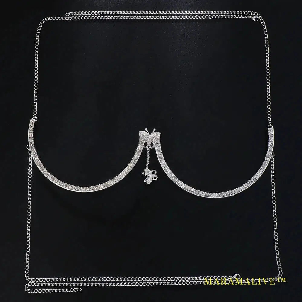 Fashion Butterfly Chest Bracket Bra Chain Harness for Women Sexy Bikini Rhinestone Chest Chain Necklace Body Jewelry