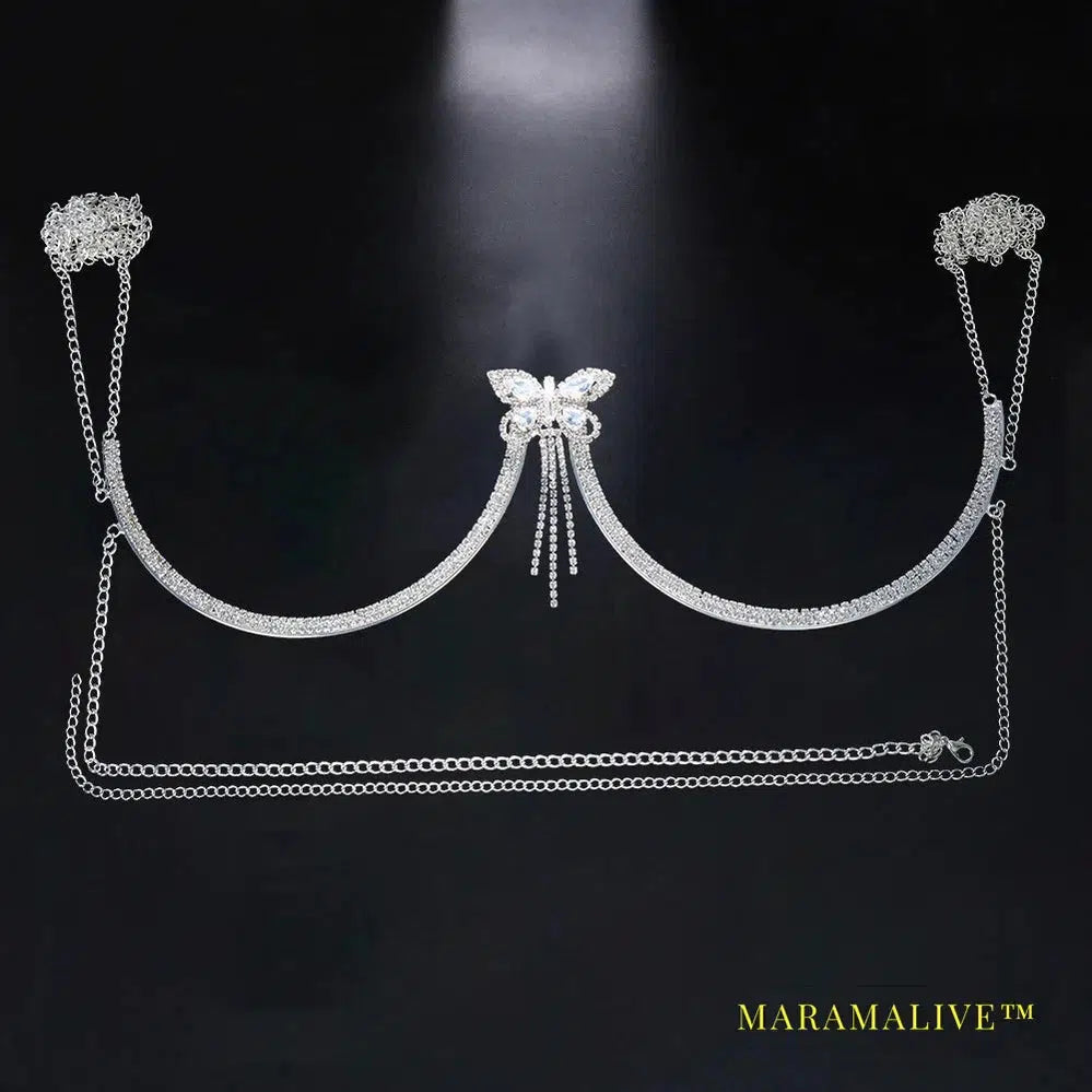 Fashion Butterfly Chest Bracket Bra Chain Harness for Women Sexy Bikini Rhinestone Chest Chain Necklace Body Jewelry