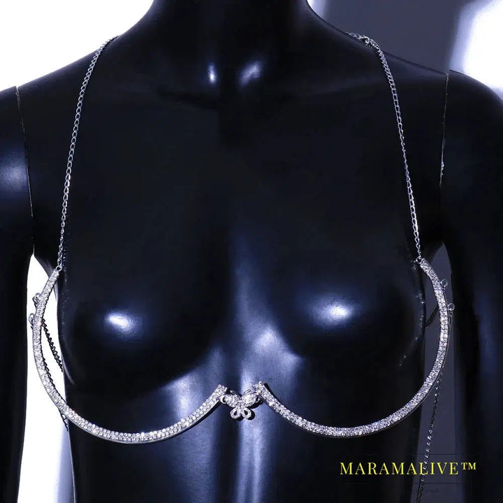 Fashion Butterfly Chest Bracket Bra Chain Harness for Women Sexy Bikini Rhinestone Chest Chain Necklace Body Jewelry