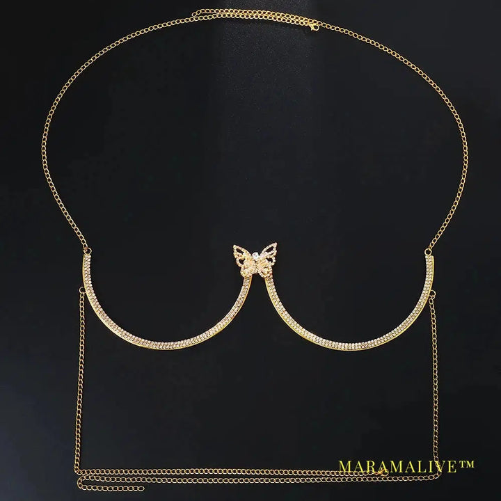 Fashion Butterfly Chest Bracket Bra Chain Harness for Women Sexy Bikini Rhinestone Chest Chain Necklace Body Jewelry