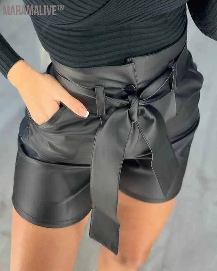 Fashion Casual Summer Sexy PU Belt Shorts Women Clothing Faux Leather Womens Shorts Y2k Hot Woman Short Pants