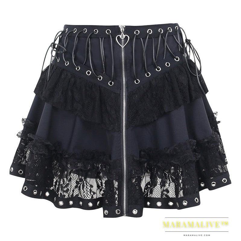 Fashion Casual Zipper Lace Stitching Lace Skirt