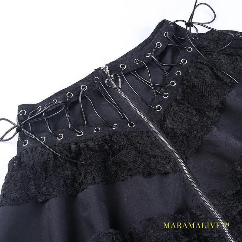 Fashion Casual Zipper Lace Stitching Lace Skirt