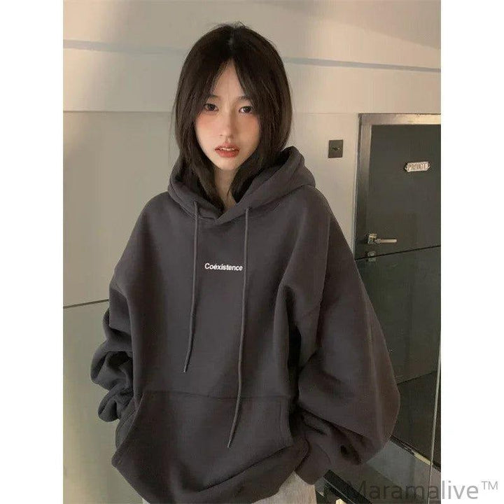 Fashion Dark Grey Hoodie Fleece Thicken Sweatshirt Long Sleeve Letter Printing Baggy Female Top Pullover Hoodie