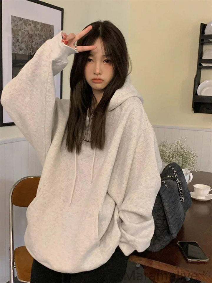 Fashion Dark Grey Hoodie Fleece Thicken Sweatshirt Long Sleeve Letter Printing Baggy Female Top Pullover Hoodie