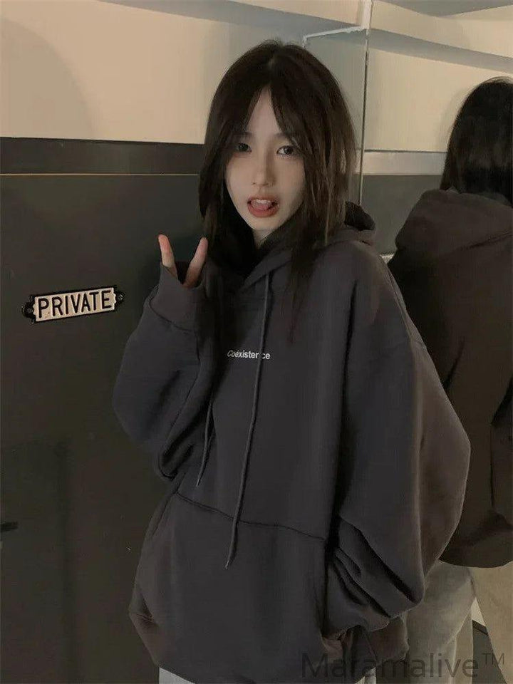 Fashion Dark Grey Hoodie Fleece Thicken Sweatshirt Long Sleeve Letter Printing Baggy Female Top Pullover Hoodie