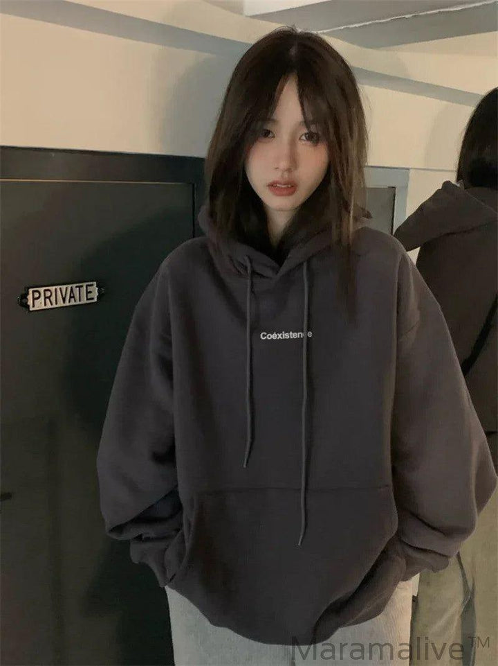 Fashion Dark Grey Hoodie Fleece Thicken Sweatshirt Long Sleeve Letter Printing Baggy Female Top Pullover Hoodie