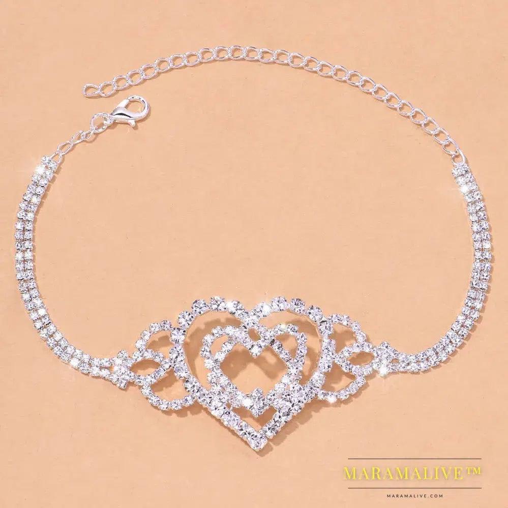 Fashion Double Heart Anklet Rhinestone Chain Jewelry for Women Bling Love Foot Chain Anklet Bracelet Crystal Jewelry