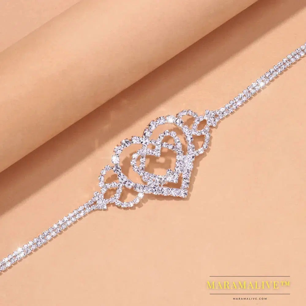 Fashion Double Heart Anklet Rhinestone Chain Jewelry for Women Bling Love Foot Chain Anklet Bracelet Crystal Jewelry