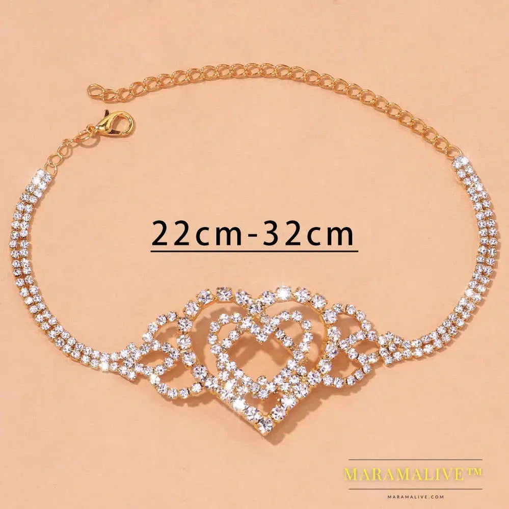 Fashion Double Heart Anklet Rhinestone Chain Jewelry for Women Bling Love Foot Chain Anklet Bracelet Crystal Jewelry