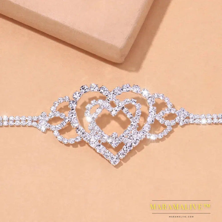 Fashion Double Heart Anklet Rhinestone Chain Jewelry for Women Bling Love Foot Chain Anklet Bracelet Crystal Jewelry