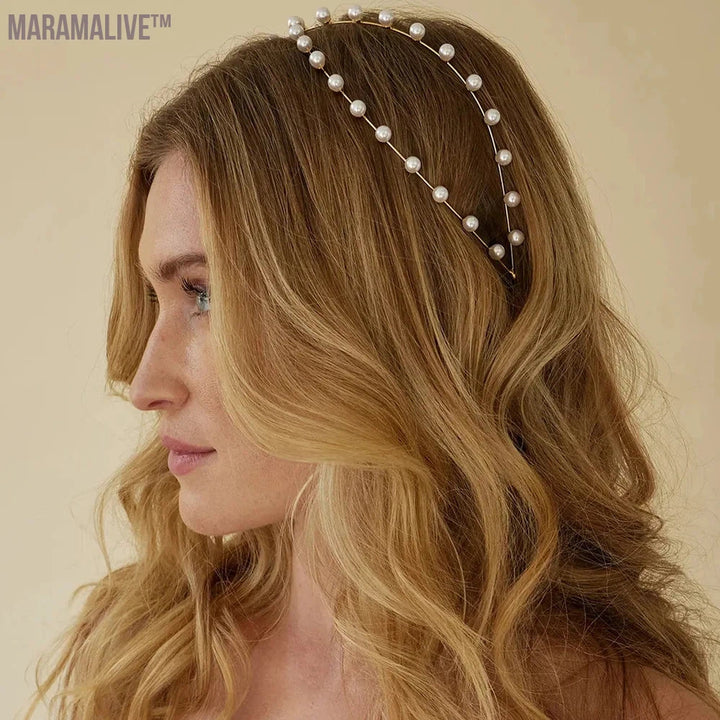 Fashion Double Layer Pearl Headband for Women Wedding Cross Pearl Hair Accessory Elegant Hairband Jewelry