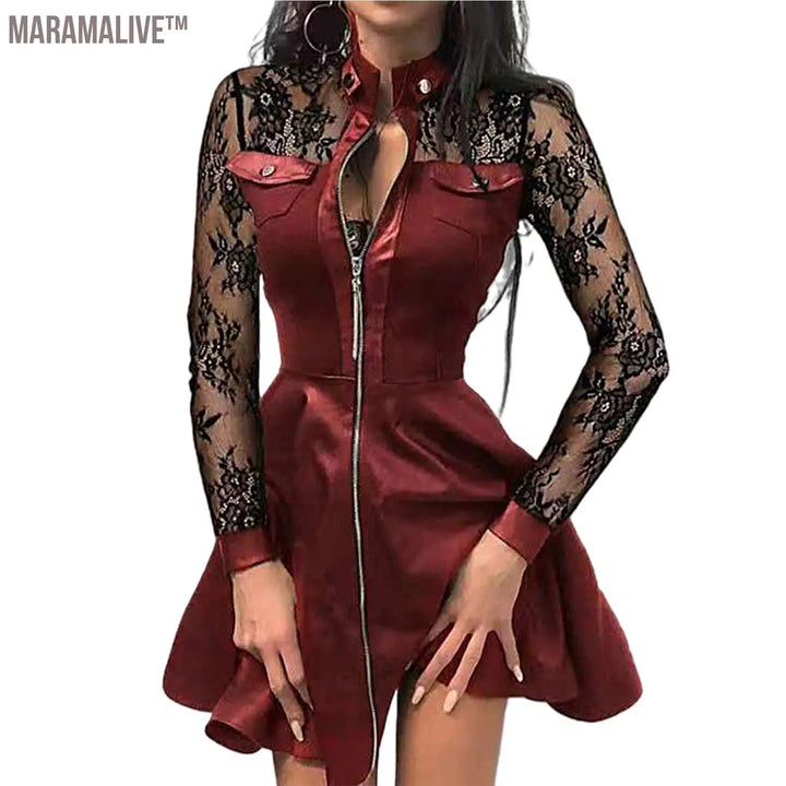 Fashion Dresses Women Lace Long Sleeve Zipper Pocket Large Hem Faux Leather Mini Dress Party elegant slim Sexy Women Dress