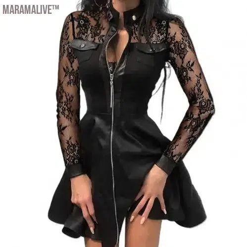 Fashion Dresses Women Lace Long Sleeve Zipper Pocket Large Hem Faux Leather Mini Dress Party elegant slim Sexy Women Dress