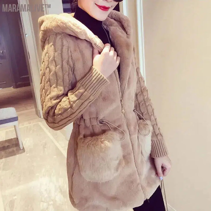 Fashion Faux Fur Coats Women Winter Plus Size S-4XL Hooded Classic Outwear Patchwork Thick Warm Luxury Knitted jacket