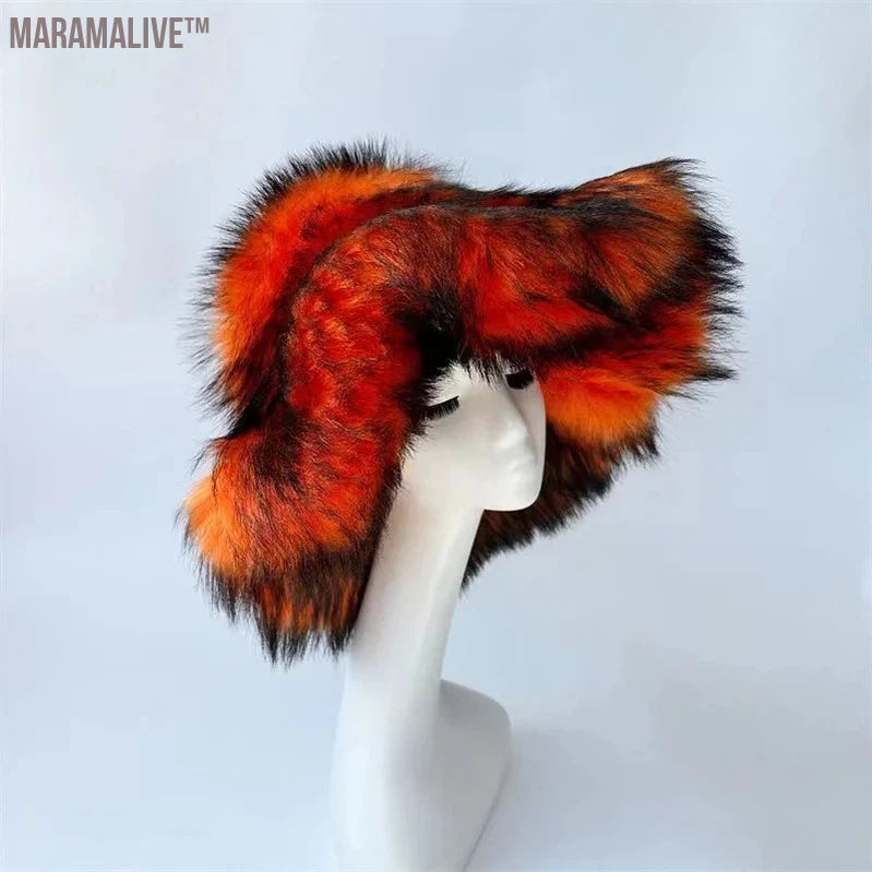 Fashion Faux Raccoon Bucket Hats For Women Winter Warm Big Faux Fur Fluffy Luxury Plush Fisherman Caps Outdoor Ski Panama