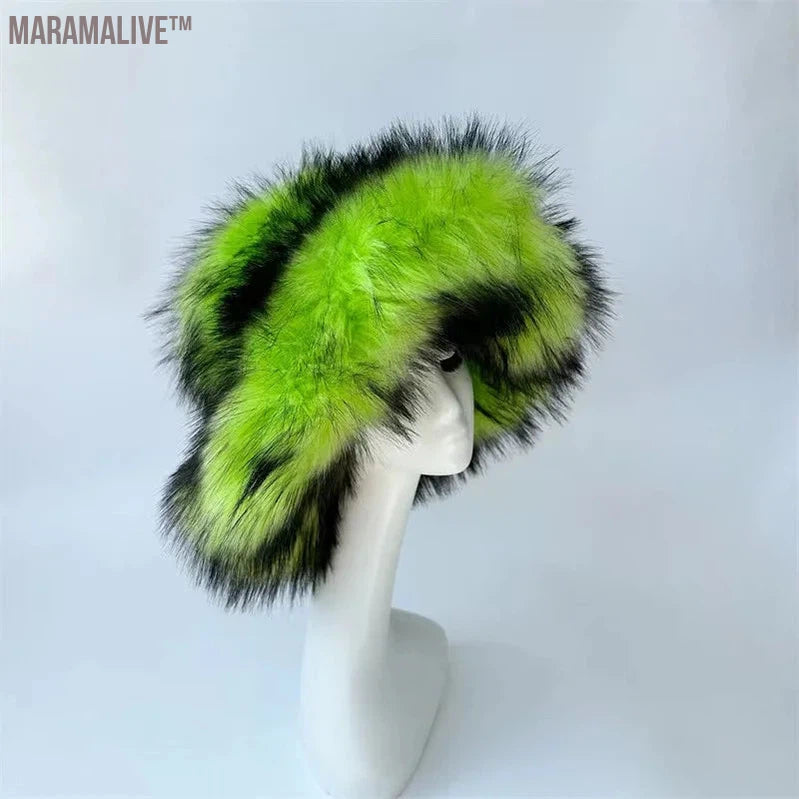 Fashion Faux Raccoon Bucket Hats For Women Winter Warm Big Faux Fur Fluffy Luxury Plush Fisherman Caps Outdoor Ski Panama