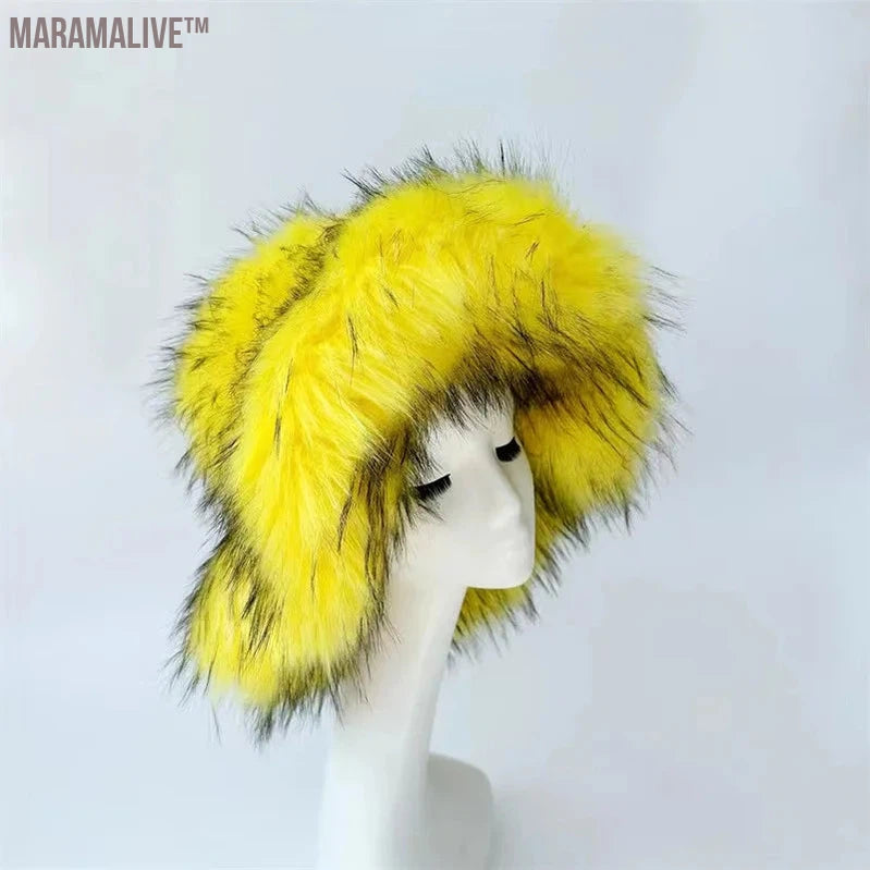 Fashion Faux Raccoon Bucket Hats For Women Winter Warm Big Faux Fur Fluffy Luxury Plush Fisherman Caps Outdoor Ski Panama