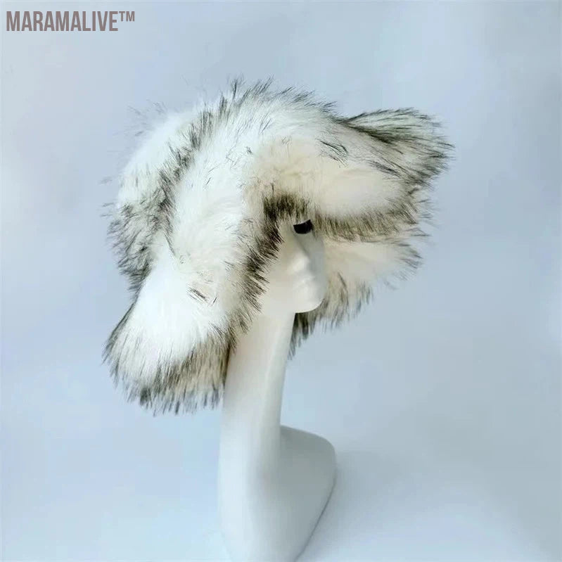 Fashion Faux Raccoon Bucket Hats For Women Winter Warm Big Faux Fur Fluffy Luxury Plush Fisherman Caps Outdoor Ski Panama