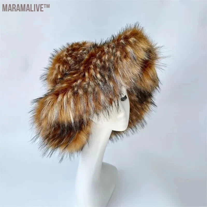 Fashion Faux Raccoon Bucket Hats For Women Winter Warm Big Faux Fur Fluffy Luxury Plush Fisherman Caps Outdoor Ski Panama