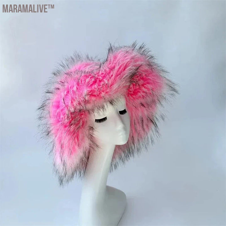 Fashion Faux Raccoon Bucket Hats For Women Winter Warm Big Faux Fur Fluffy Luxury Plush Fisherman Caps Outdoor Ski Panama