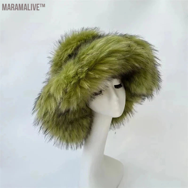 Fashion Faux Raccoon Bucket Hats For Women Winter Warm Big Faux Fur Fluffy Luxury Plush Fisherman Caps Outdoor Ski Panama