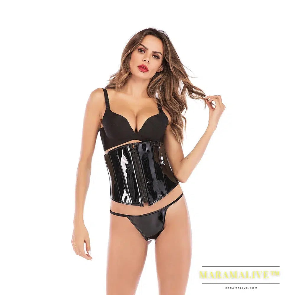 Fashion-Focused Elegant Black PVC Zipper Waist Trainer - Boned Lace-up Gothic Steampunk Underbust Corset