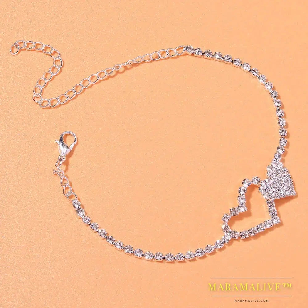 Fashion Heart Rhinestone Anklets Jewelry for Women Beach Barefoot Love Pendant Anklet Bracelet Leg Chain