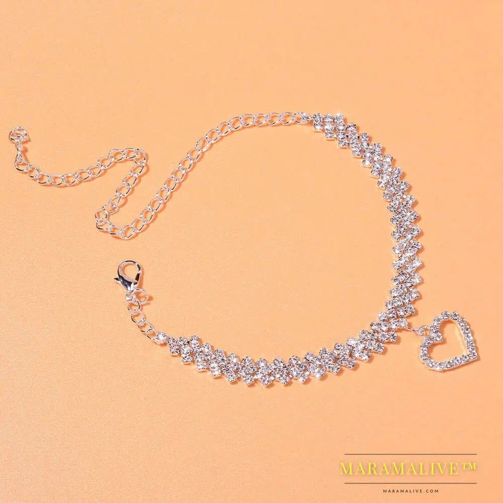 Fashion Heart Rhinestone Anklets Jewelry for Women Beach Barefoot Love Pendant Anklet Bracelet Leg Chain