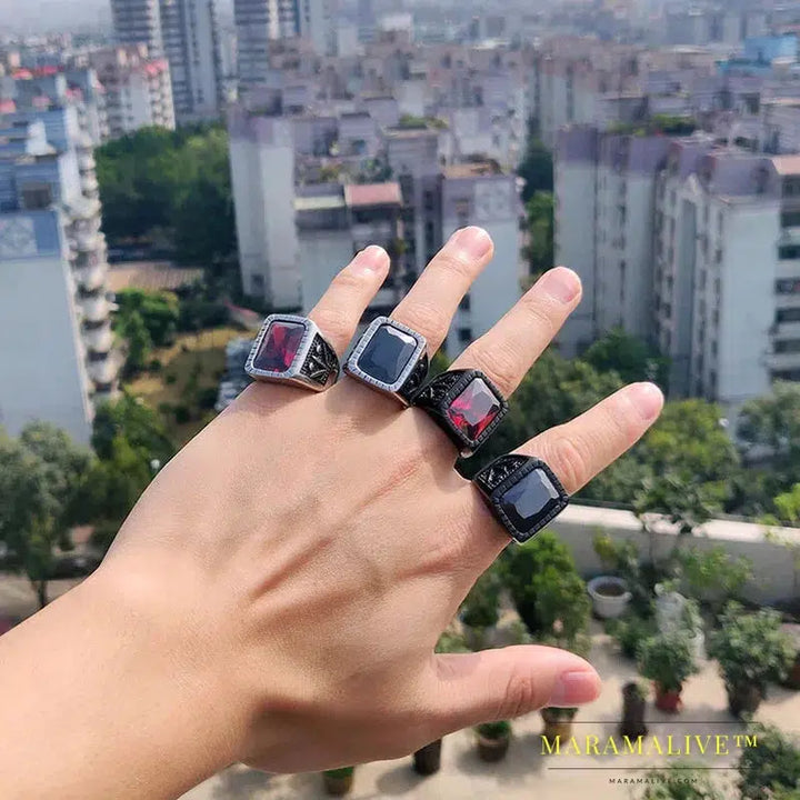 Fashion Hiphop Black/Red Stone Ring Vintage Rock Men's Ring High Quality Jewelry