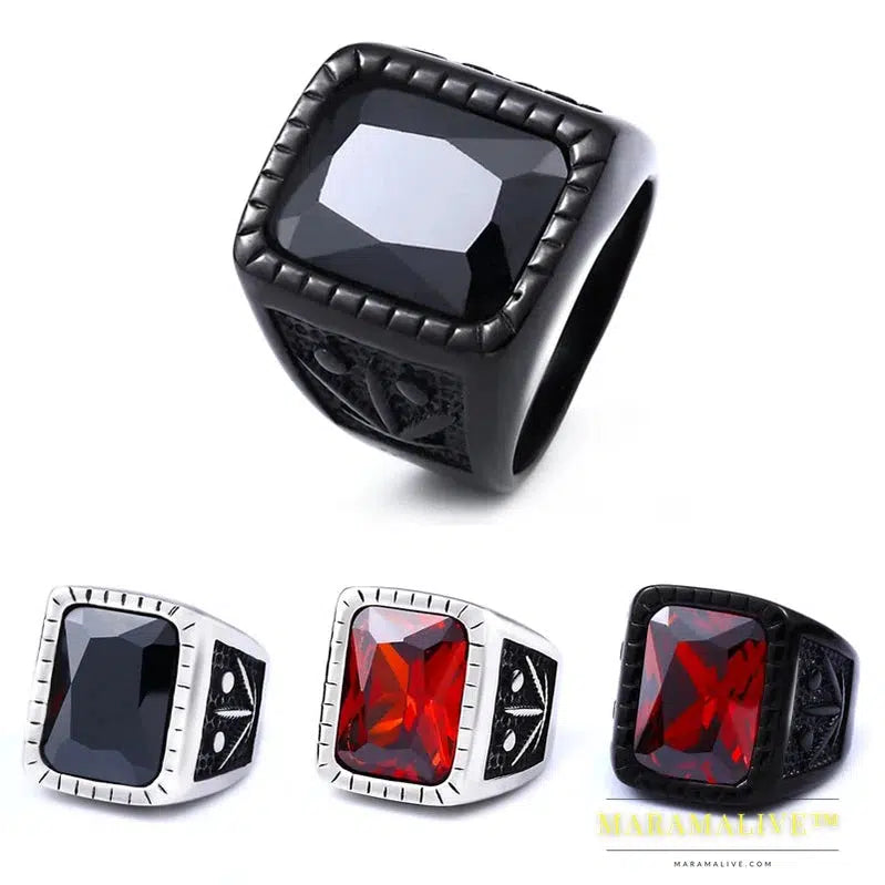 Fashion Hiphop Black/Red Stone Ring Vintage Rock Men's Ring High Quality Jewelry