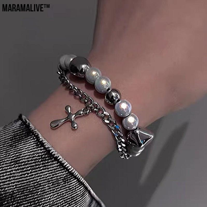 Fashion Jewelry Double-layer Reflective Pearl Cross Charmed Bracelet