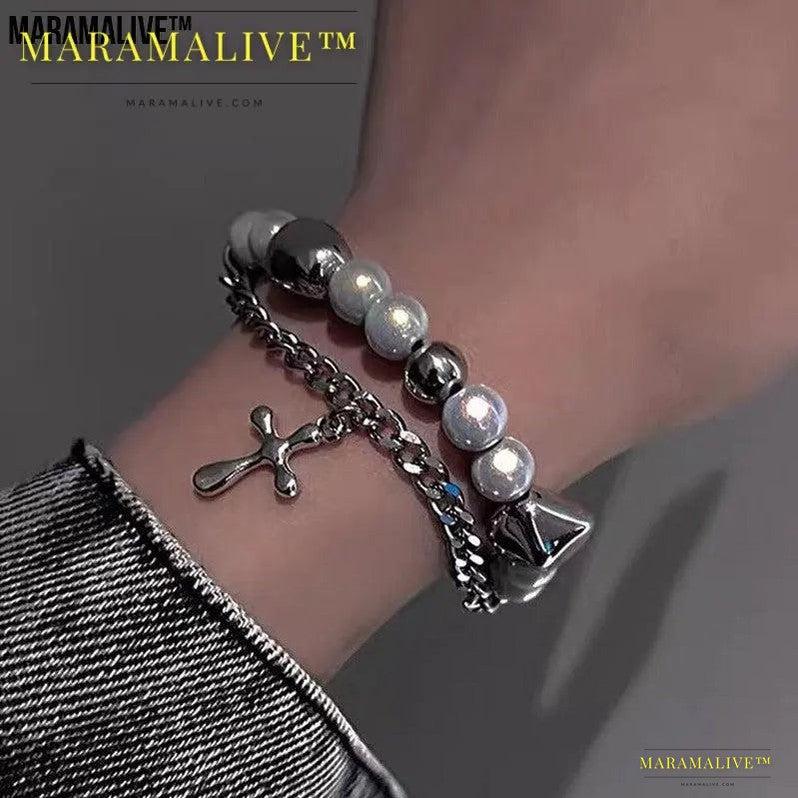 Fashion Jewelry Double-layer Reflective Pearl Cross Charmed Bracelet